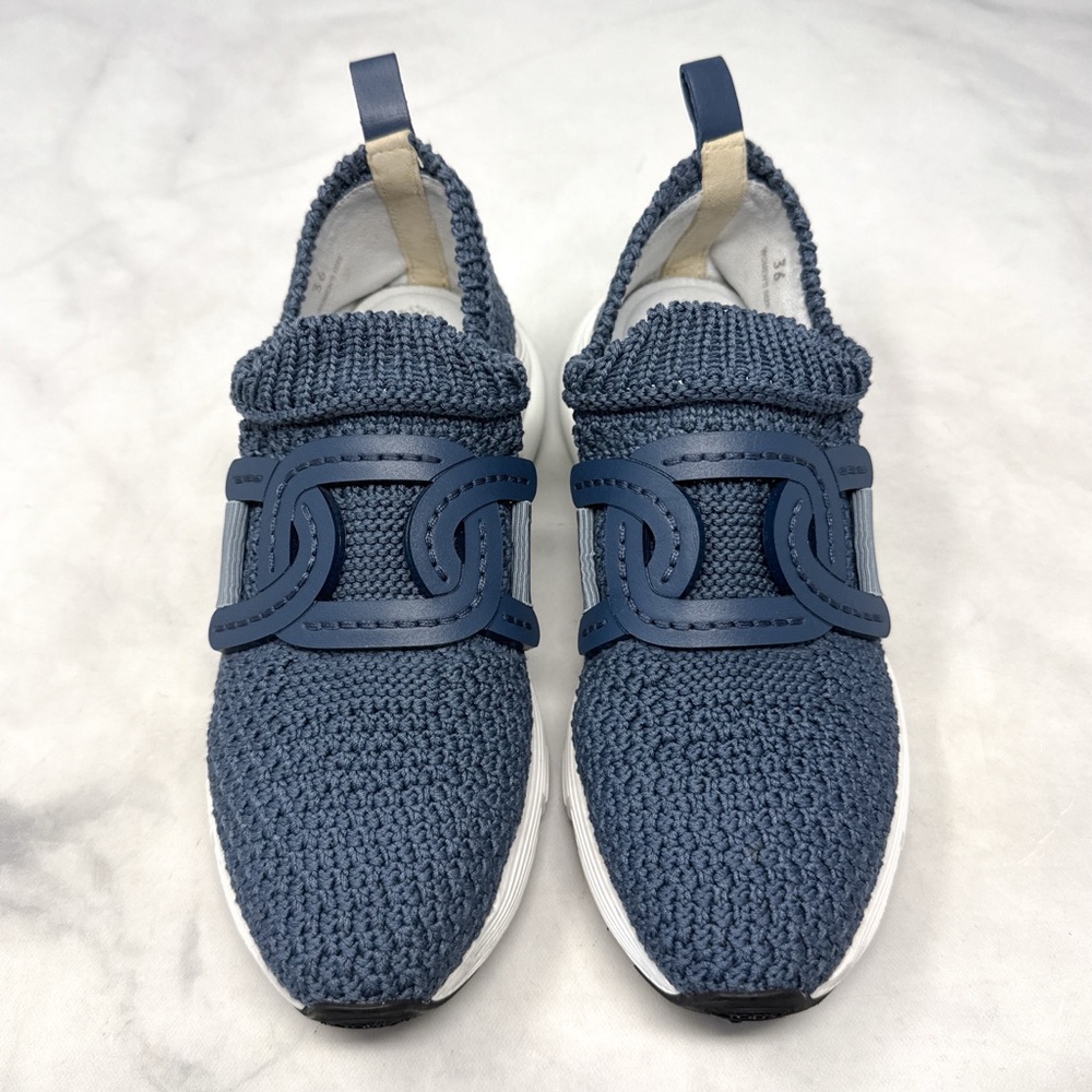 Tod's Kate Crochet Technical Knit Leather Slip On Sneaker Shoes Blue Athleisure - Picture 4 of 15